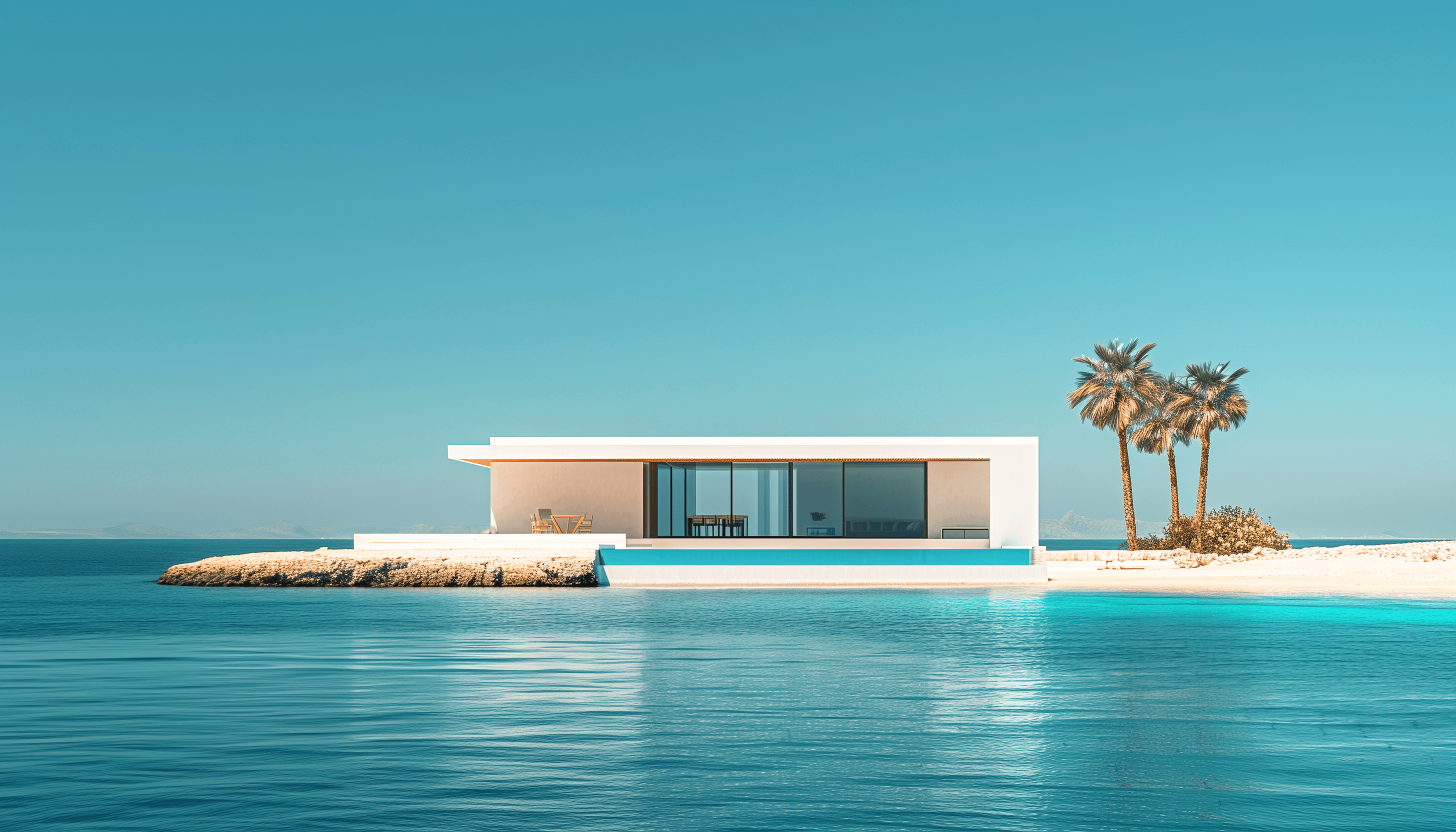 Luxurious modern home exterior at dusk on a beach front.