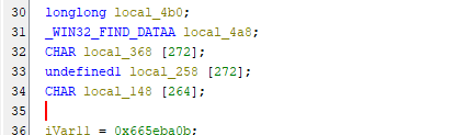 Ein Codeschnipsel, der Variablendeklarationen in der C-Programmierung anzeigt, einschließlich 'longlong', 'CHAR' und 'undefined' mit den zugehörigen Datentypen und Größen, formatiert mit Zeilennummern auf der linken Seite.
