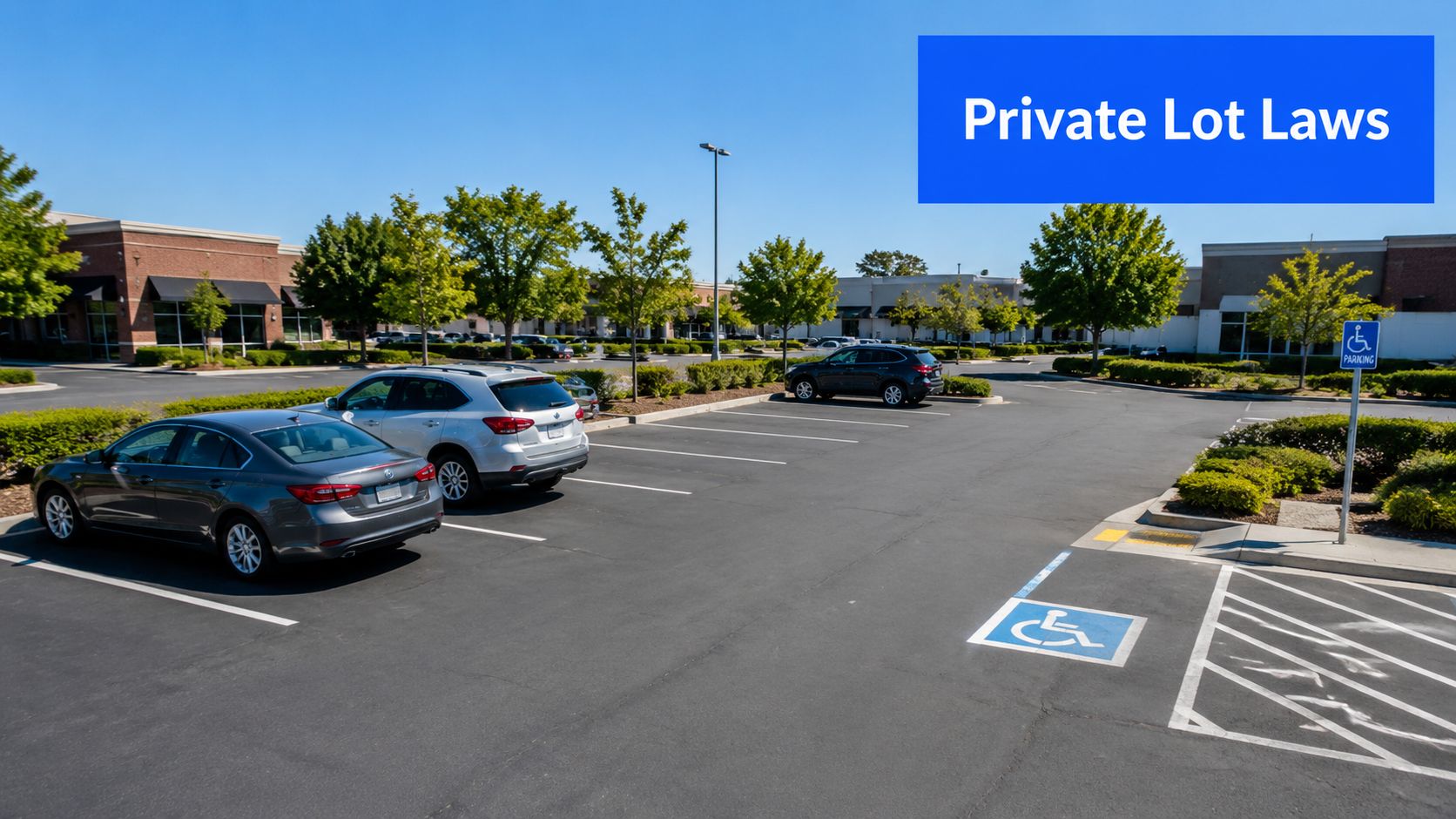 A sunny parking lot showing standard spots and a marked handicap accessible parking space.