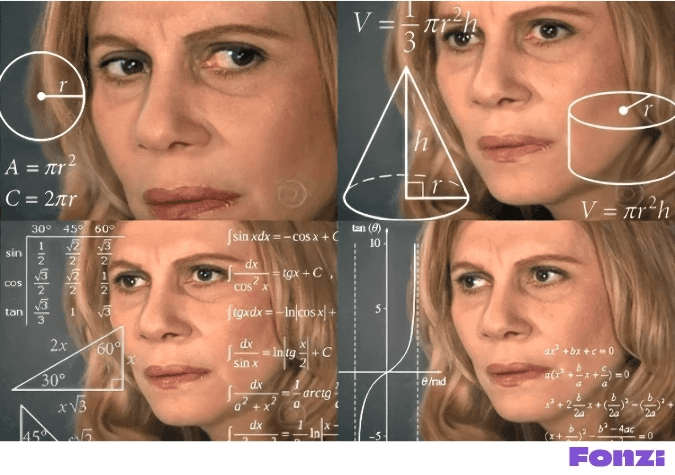 Meme of woman looking puzzled with overlaid math equations and geometric diagram.