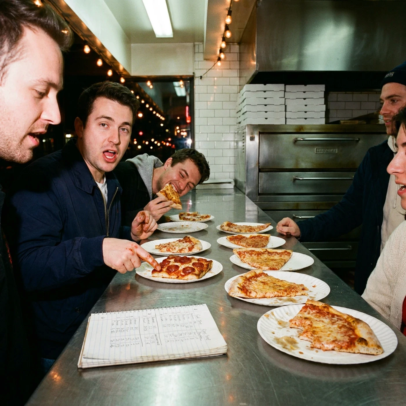 Slices of pizza on paper plates along a steel counter with a scoring notebook