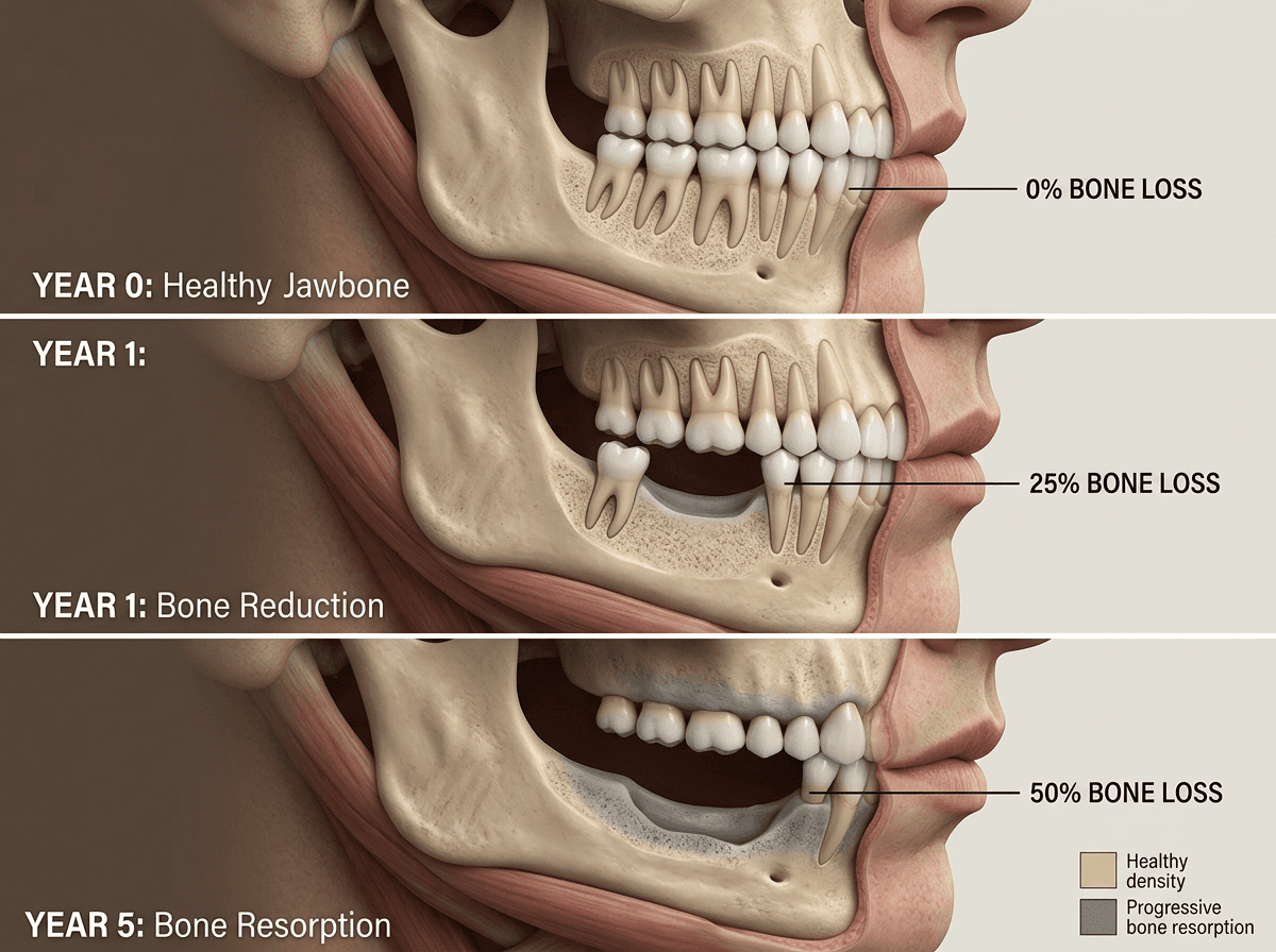 Progressive jawbone loss diagram showing 25% bone resorption at 1 year and 50% loss at 5 years after tooth extraction compared to bone preservation with dental implant