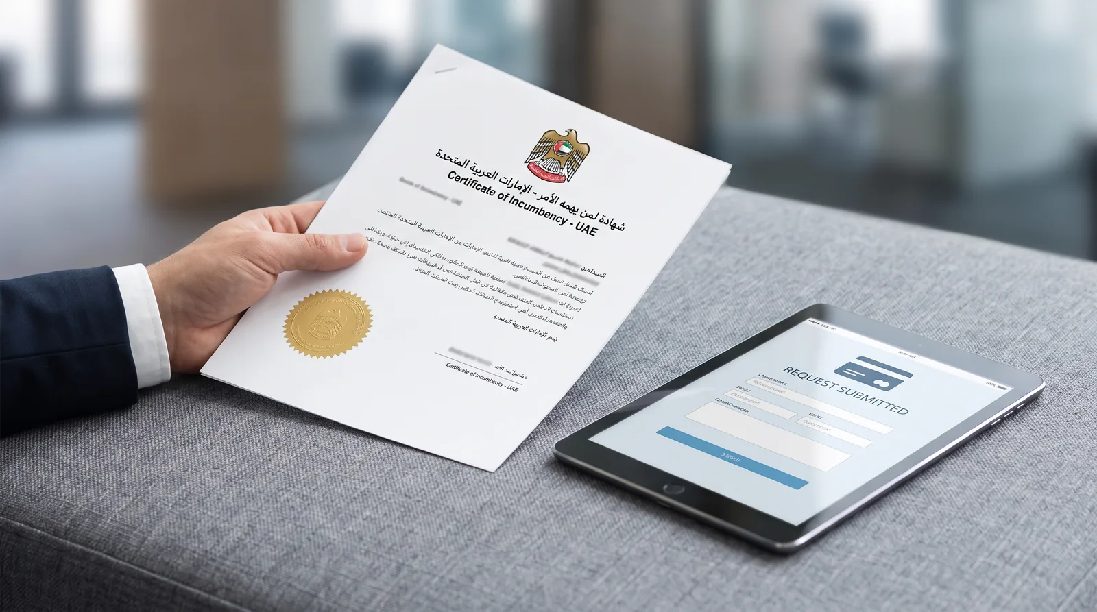 Certificate of incumbency UAE with official company documents on desk