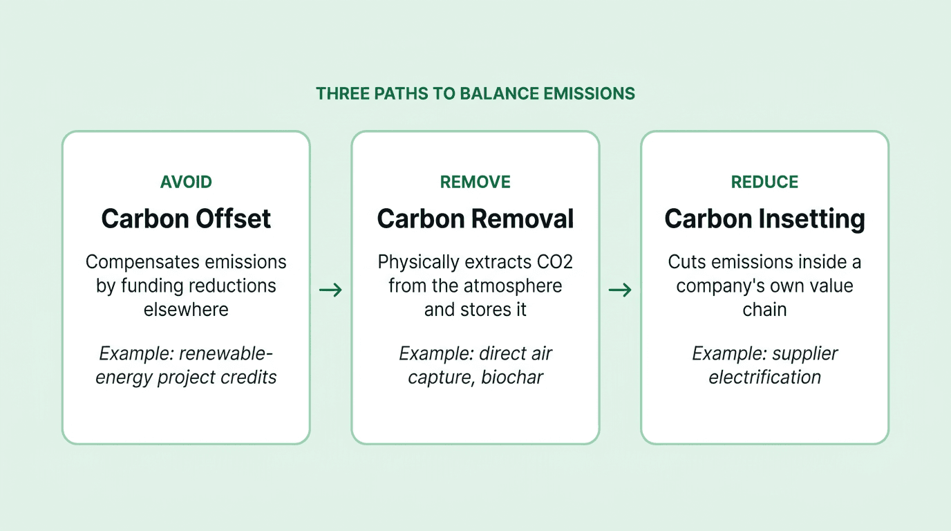 Three side-by-side category cards labelled Avoid, Remove, Reduce showing carbon offset, carbon removal and carbon insetting with one-line definitions and examples.