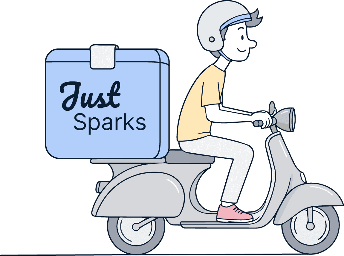 Illustration of a delivery driver on a scooter with a 'Just Sparks' delivery box