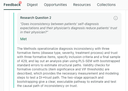thesify feedback showing a research question about patient trust successfully operationalized through structural equation modeling.