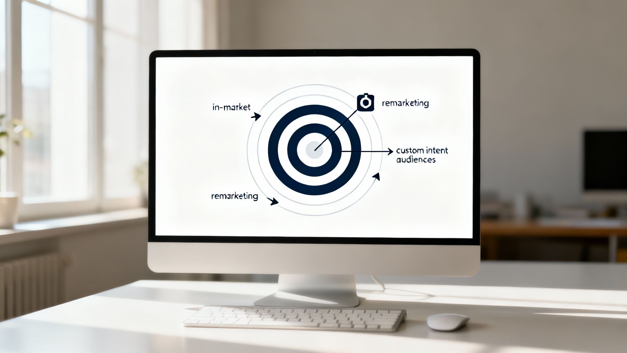 A computer screen displays a marketing diagram showing audience targeting with 'in-market', 'remarketing', and 'custom intent audiences' around a bullseye.