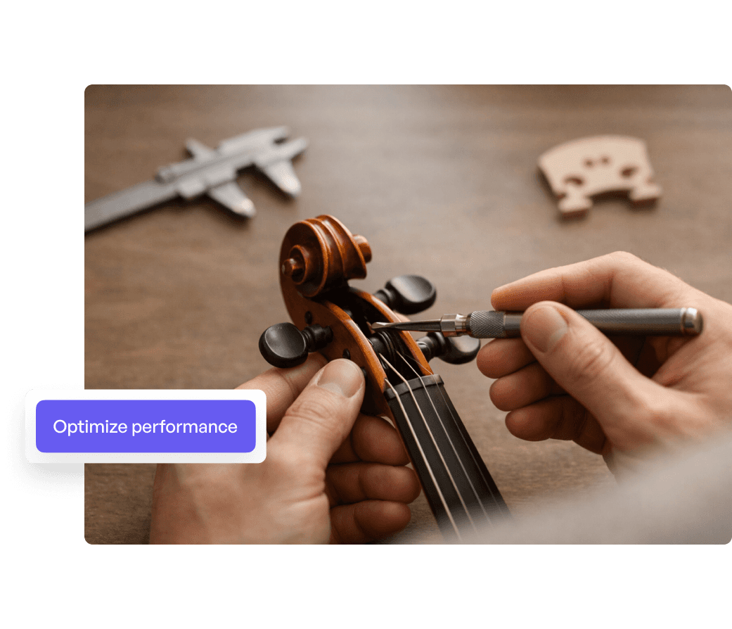 A sleek black handbag sits elegantly on a minimalist beige shelf, enhanced by a soft overhead light, accompanied by a small sign displaying the phrase "Optimize performance."