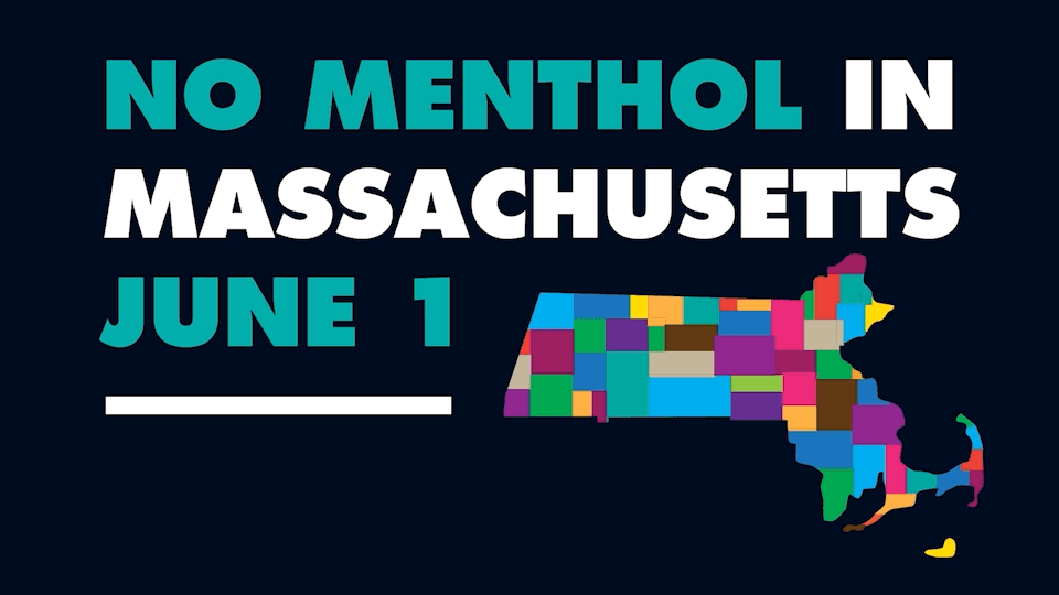 Animated title No Menthol in Massachusetts June 1 with multicolor state map design