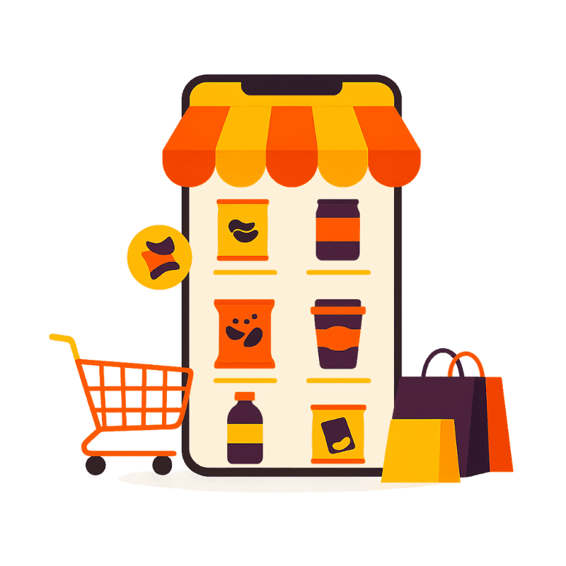 Dark purple graphic with the heading “Online Stores” and supporting text about the company’s growing online sales through social media and e-commerce platforms. On the right, an illustration shows a small storefront display with products, a shopping cart, and shopping bags.