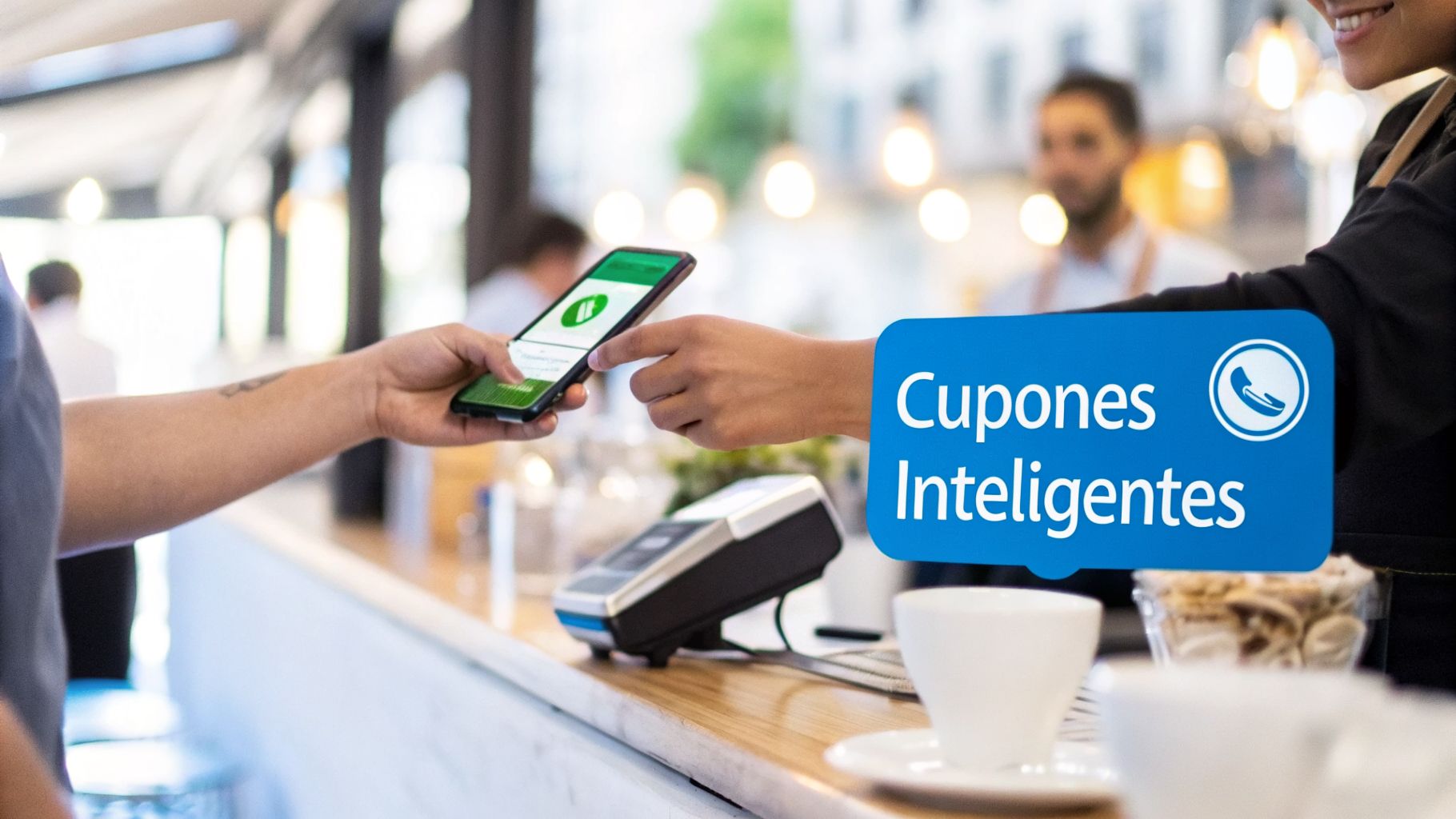 Persona pagando con su móvil en un comercio. Se visualiza un cupón inteligente en la pantalla del teléfono.