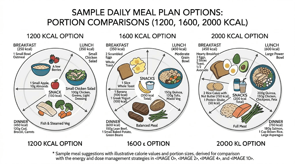 Sample semaglutide meal plans at 1200, 1600, and 2000 calories with protein targets