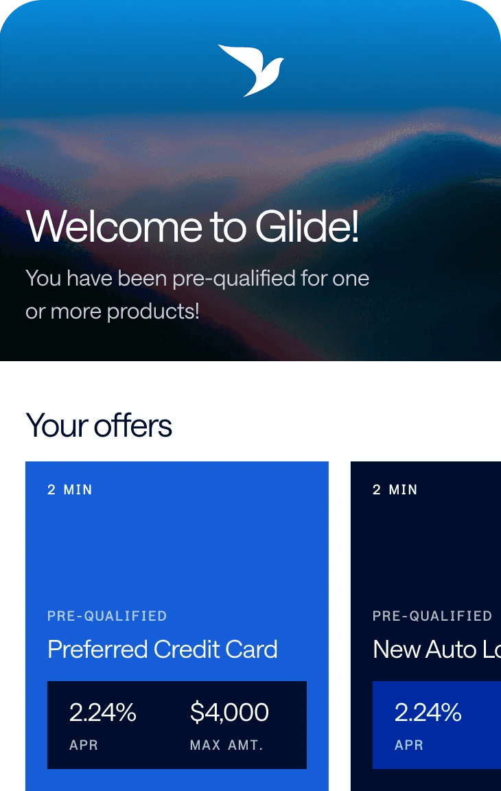 A hero image displaying the Glide logo and a "Welcome to Glide!" message for pre-qualified users.