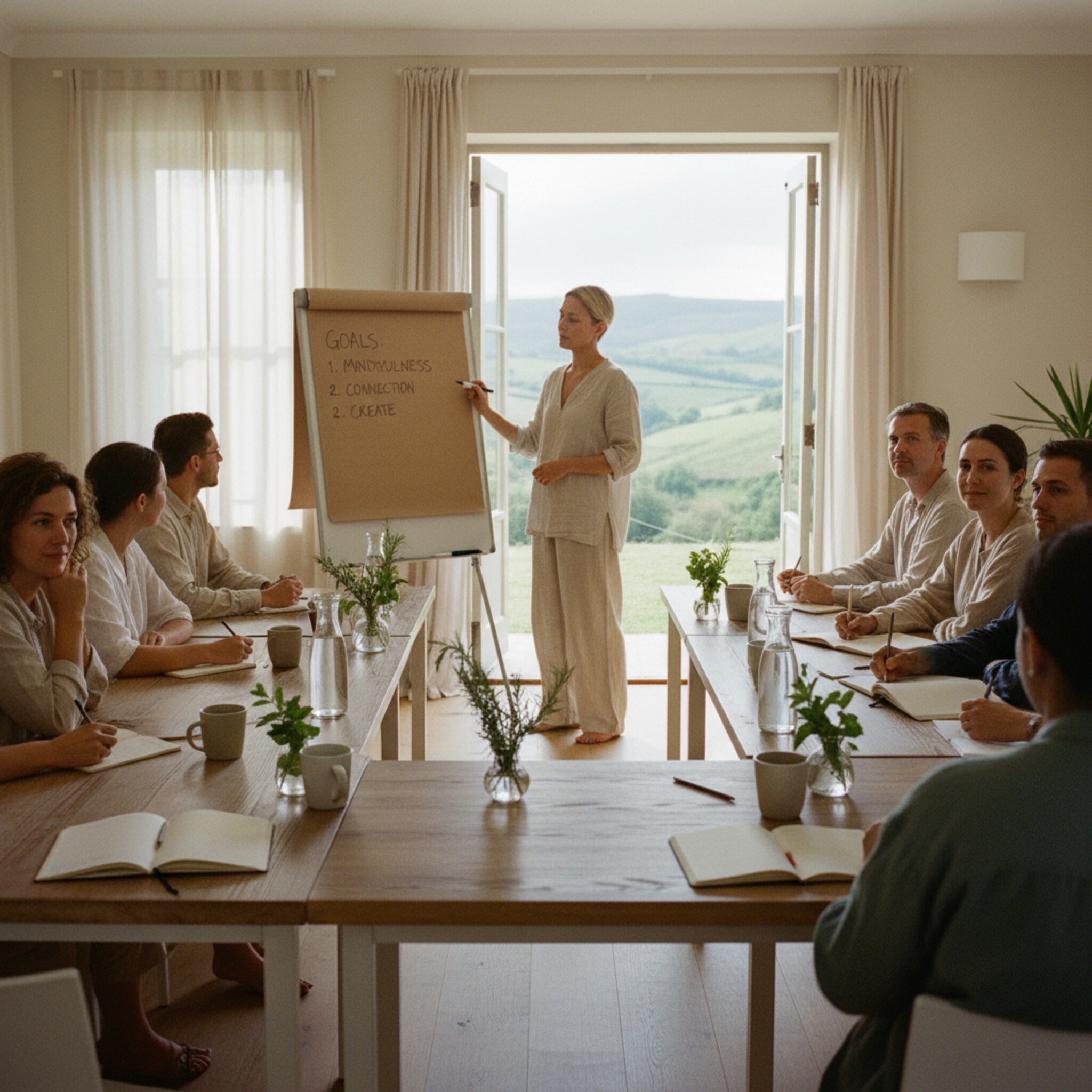 In einem lichtdurchfluteten Seminarraum steht ein U-förmiger Tisch mit Notizblöcken, Wasserkrügen und frischen Kräutern. Ein Moderator skizziert Ziele auf einem großen Papierbogen. Durch die geöffneten Türen fällt der Blick auf eine Terrasse mit weitem Talblick. Gespräche klingen ruhig, fokussiert und konstruktiv.