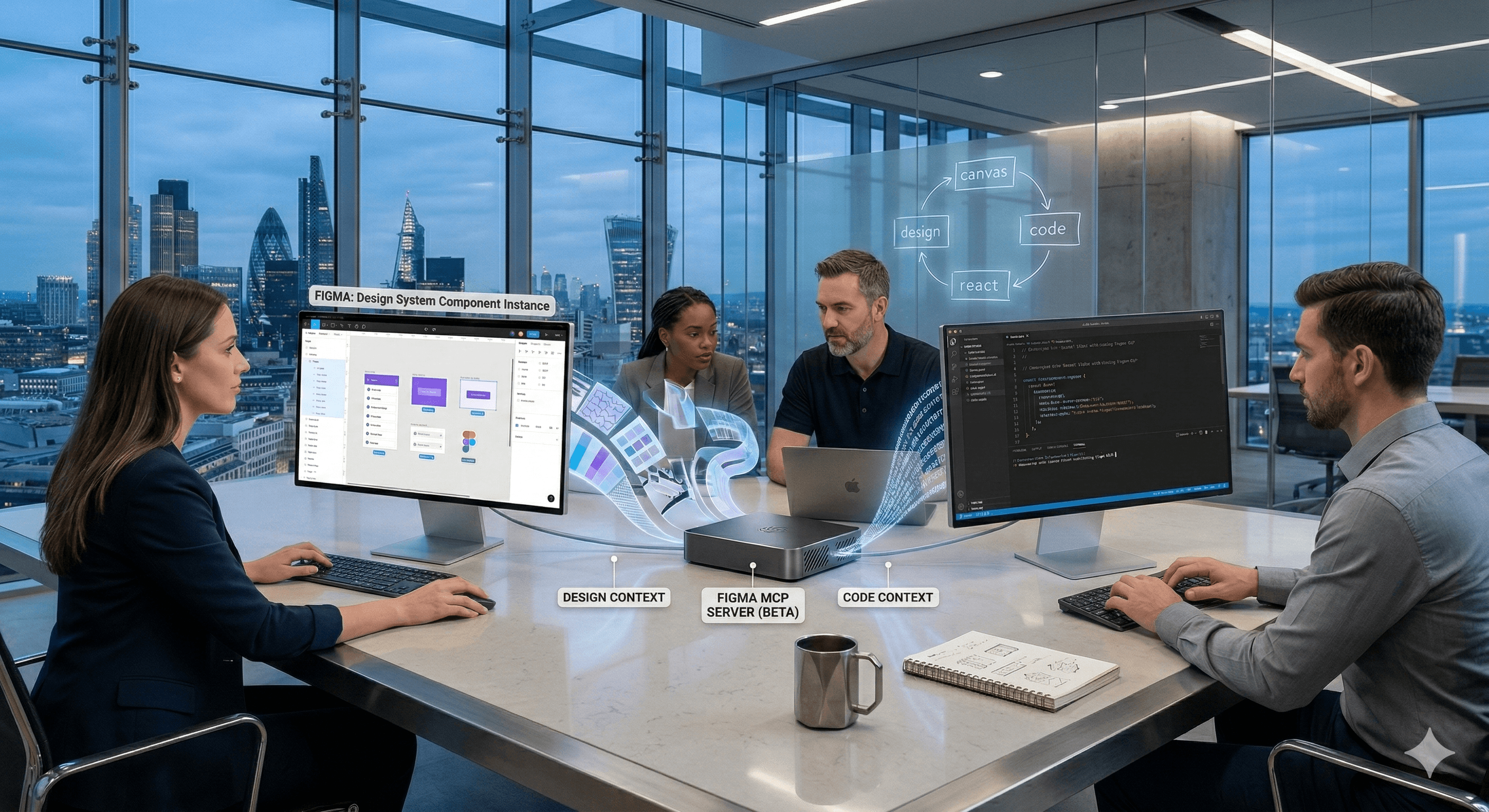 A diverse team collaborates in a modern office, utilizing dual screens displaying Figma design components and code, illustrating a seamless code-to-design workflow with a city skyline visible through large windows.