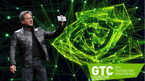 Photo of NVIDIA CEO, and GTC logo