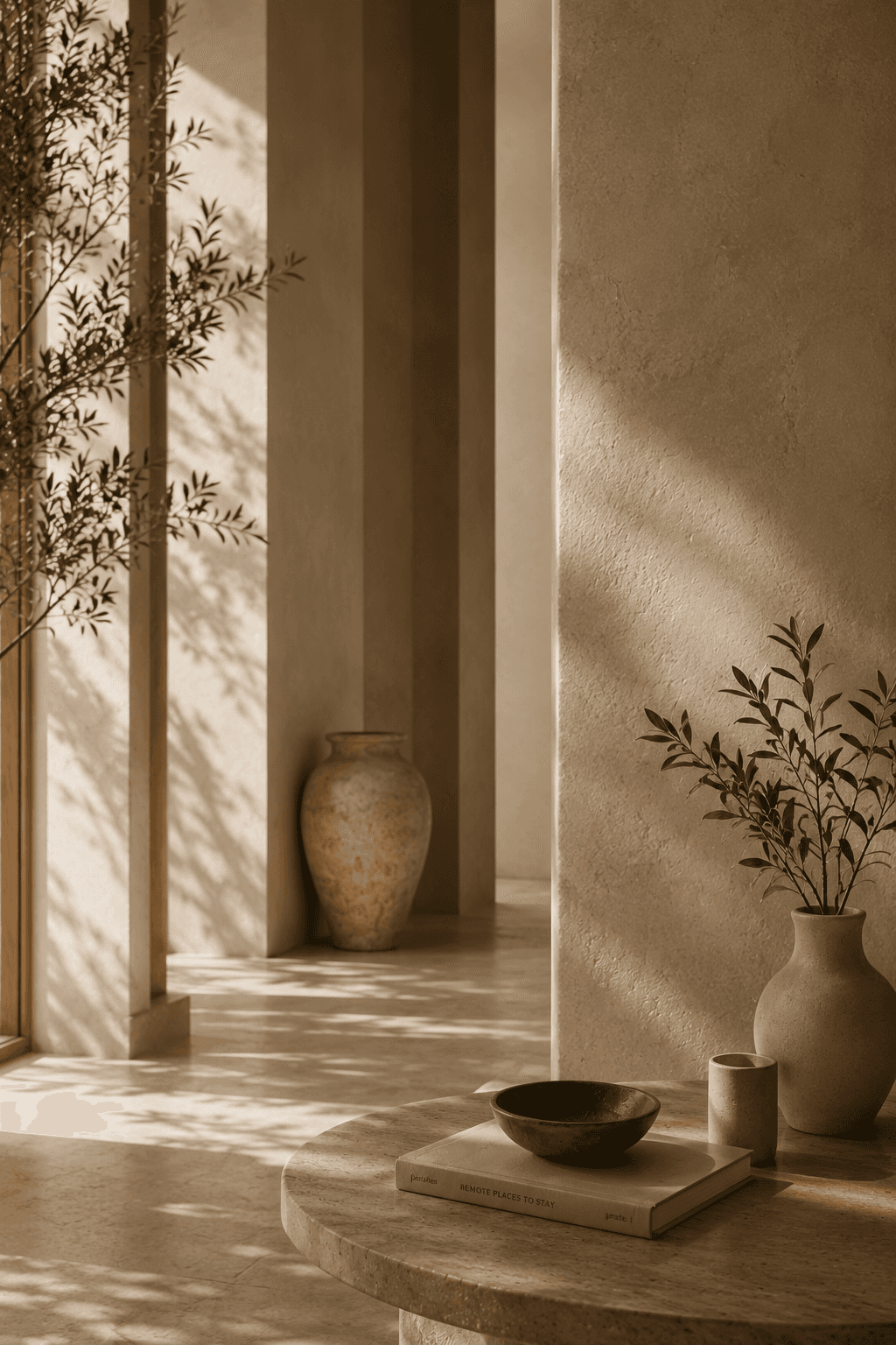 Warm architectural interior with sculptural circular windows and soft natural light