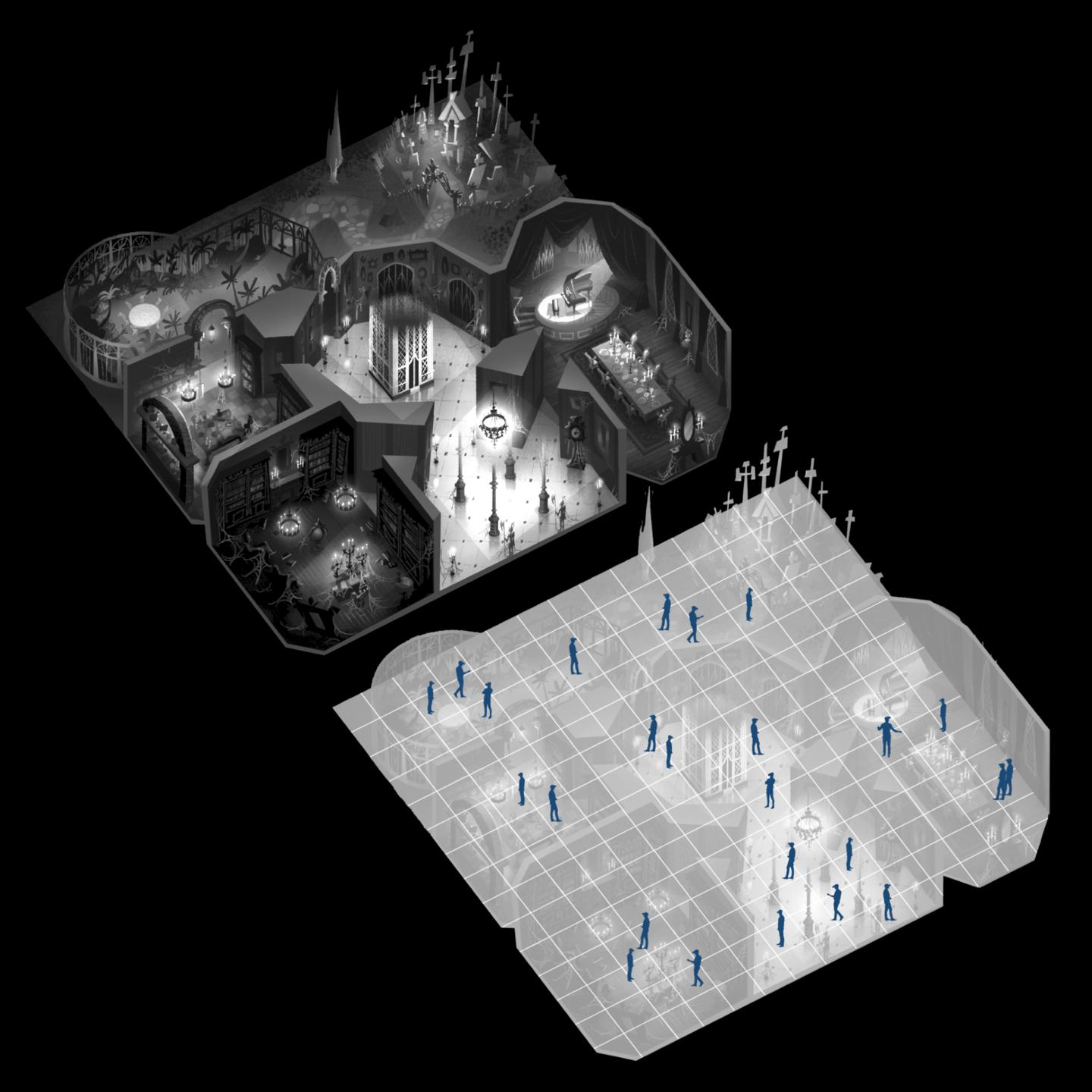 Canterville environment layout above a shared VR floor plan with visitor positions