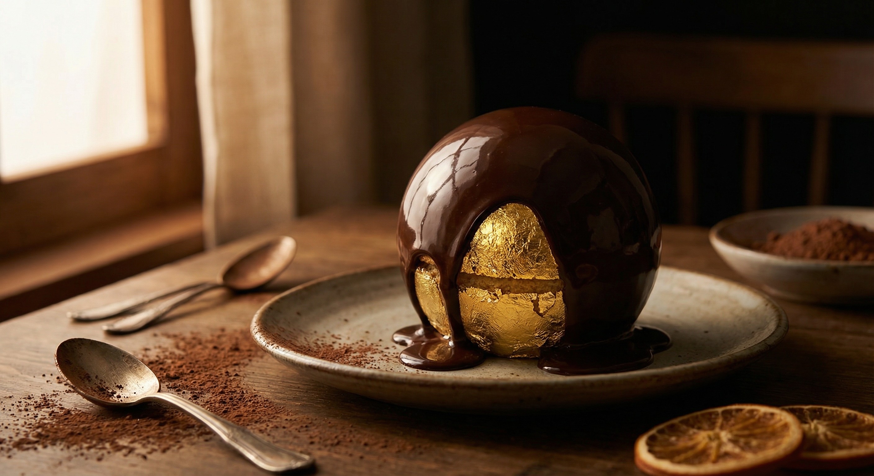 Hyper-realistic melting chocolate dessert with gold leaf, culinary AI photography by Picyou