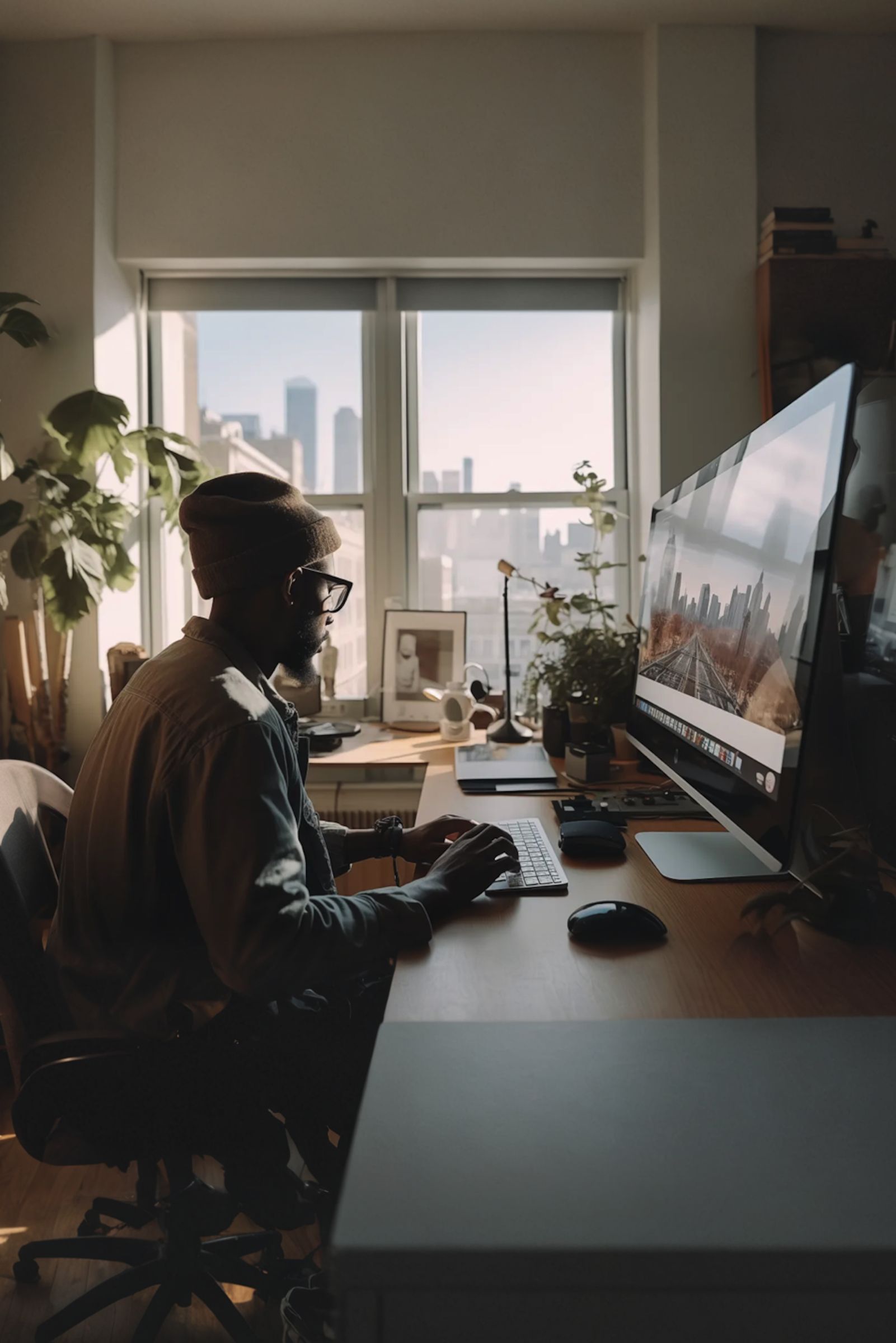 A person wearing a beanie and glasses is working at a computer desk in a sunlit apartment, surrounded by plants, with a cityscape visible through the large windows.