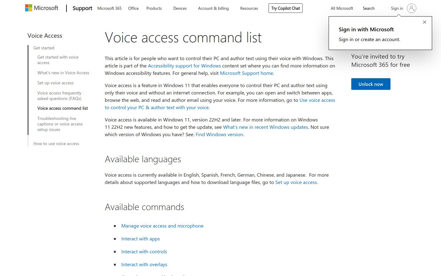Windows Voice Access support page screenshot