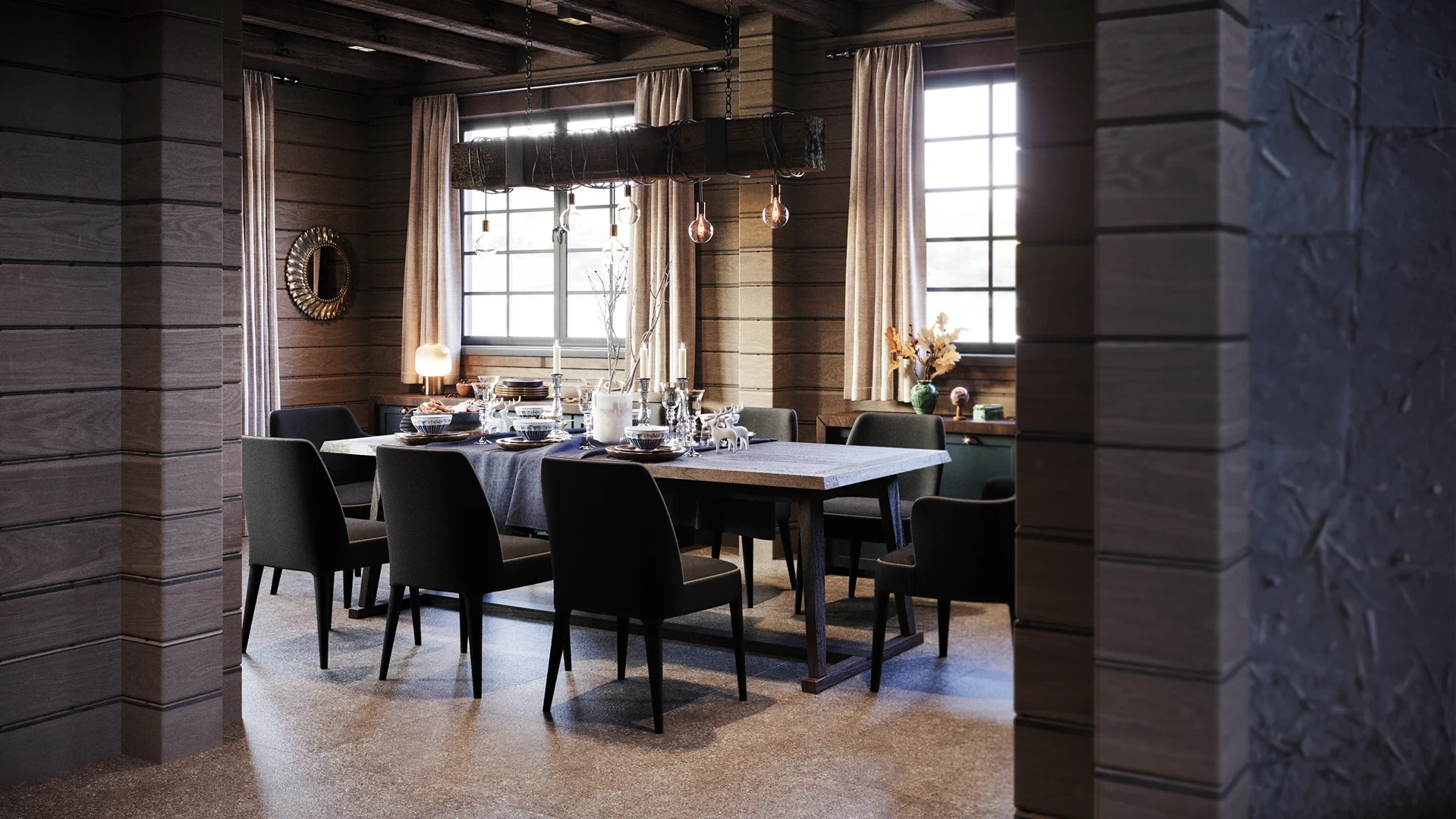 Mur de salle à manger lambrissé avec joints creux précis.