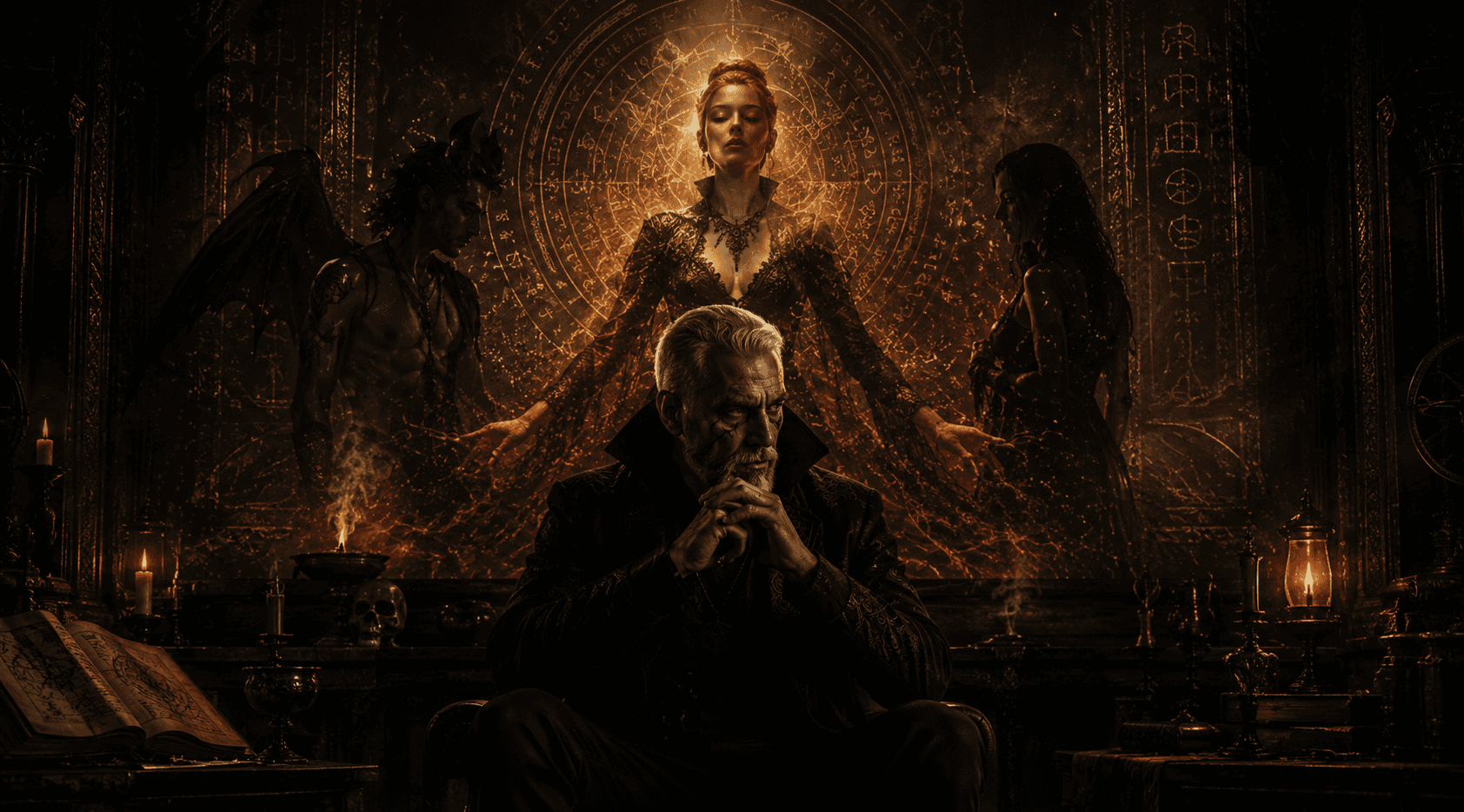 Mythic SamaelAI Music scene with Lilith, Samael and symbolic figures