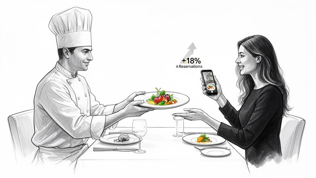 Chef serving food to woman taking photo, illustrating an 18% boost in restaurant reservations.