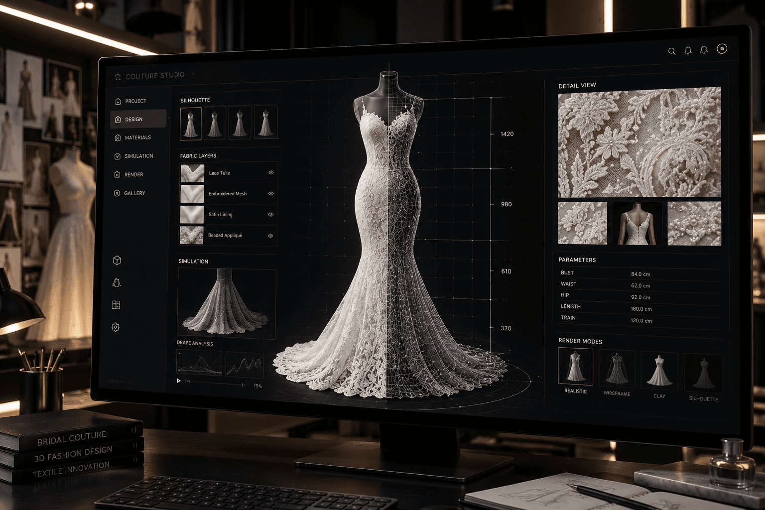 A digital model of a wedding gown on a studio screen