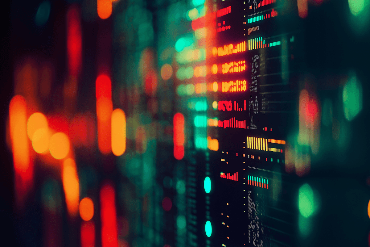A blurred image of a digital display with rows of colorful lights, resembling stock market data or a sound equalizer.