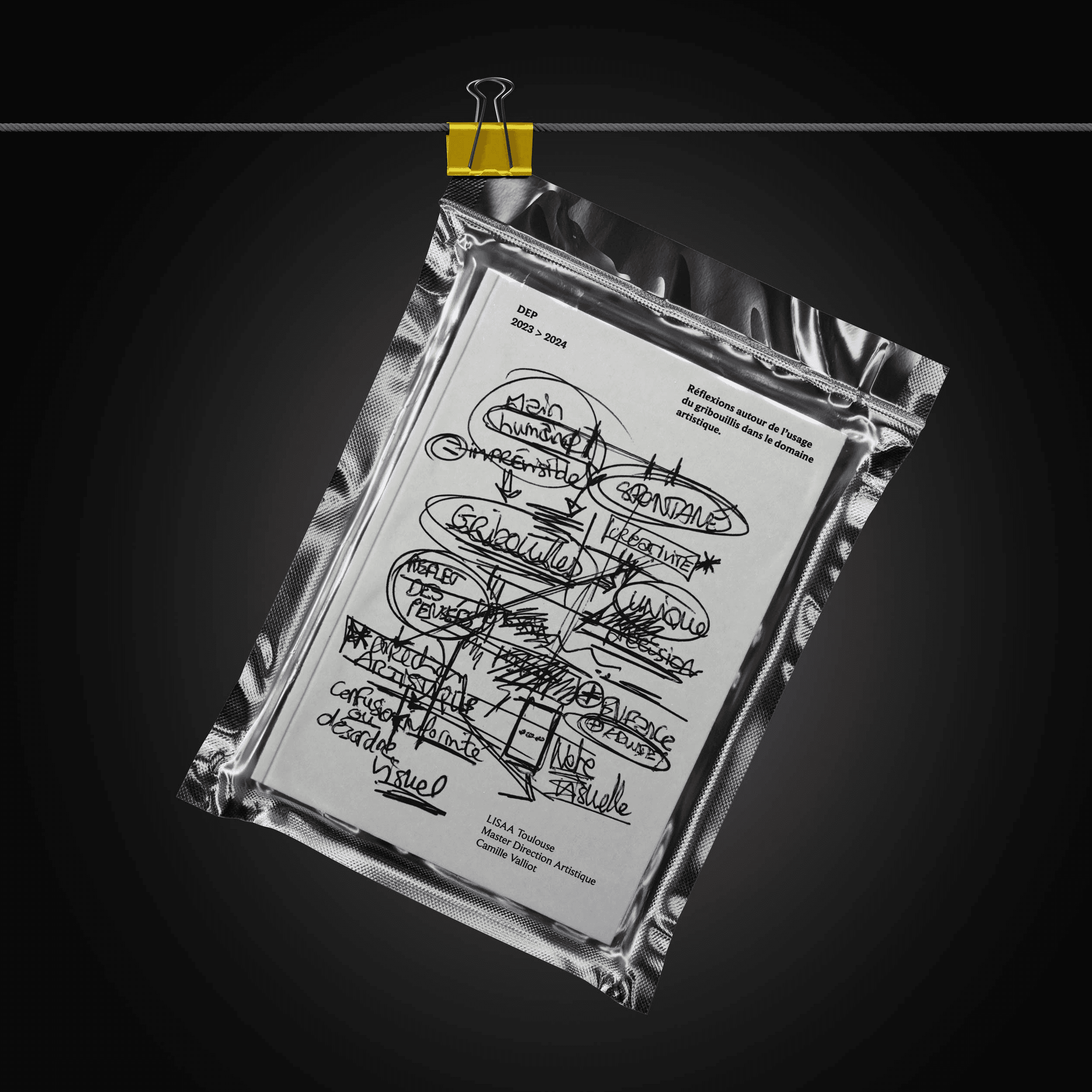 Couverture de magazine sous blister, design gribouillis noir et blanc 