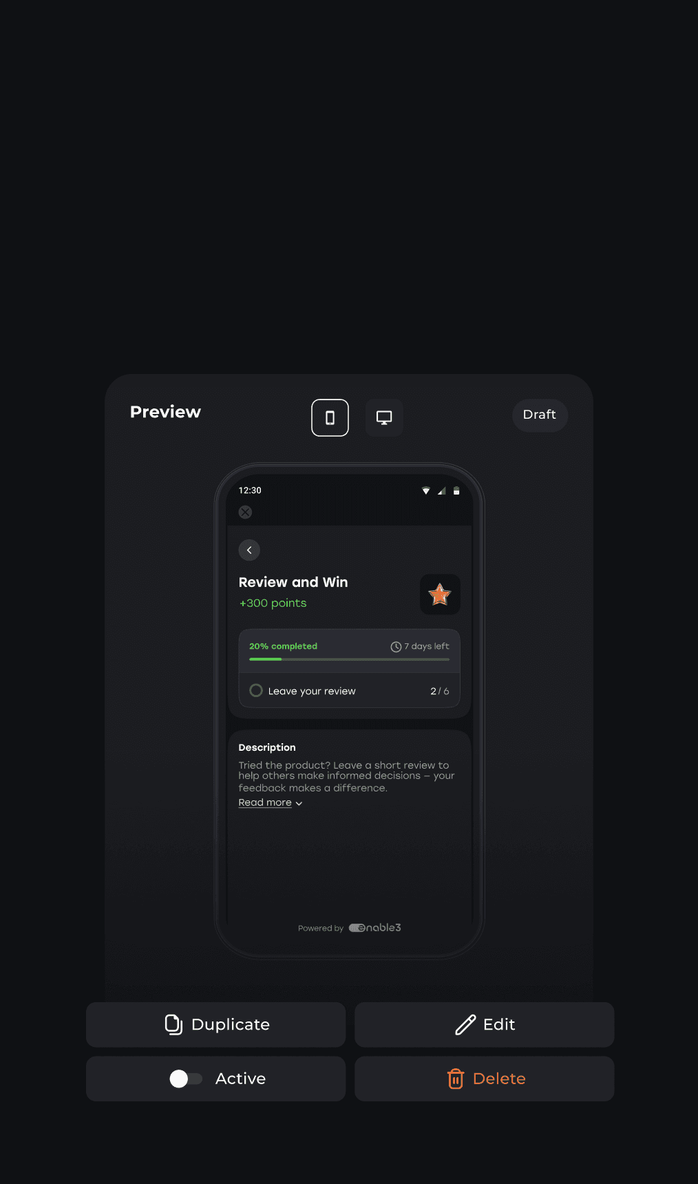 No-code loyalty builder interface showing a mobile preview of a gamified challenge with options to edit, duplicate, activate, or delete.