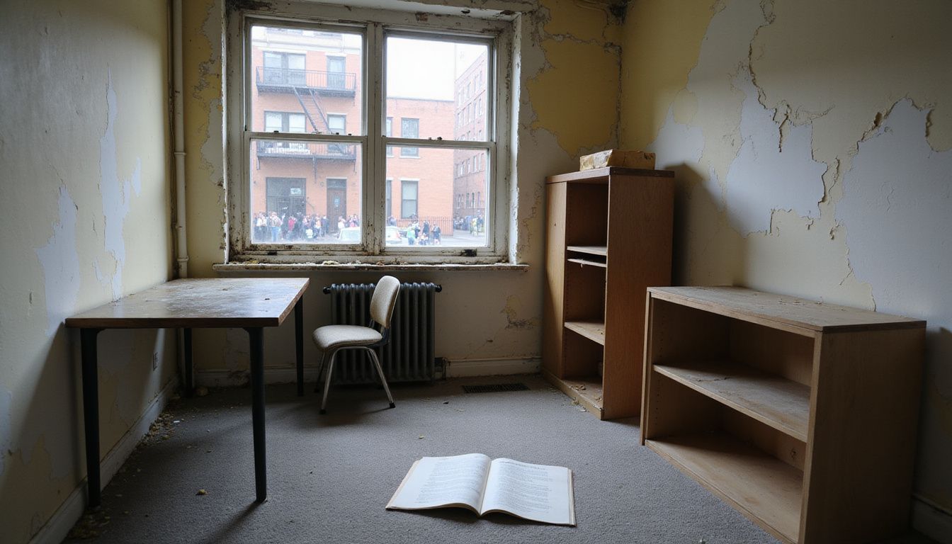 A dilapidated studio apartment highlights urban decay and high rent.