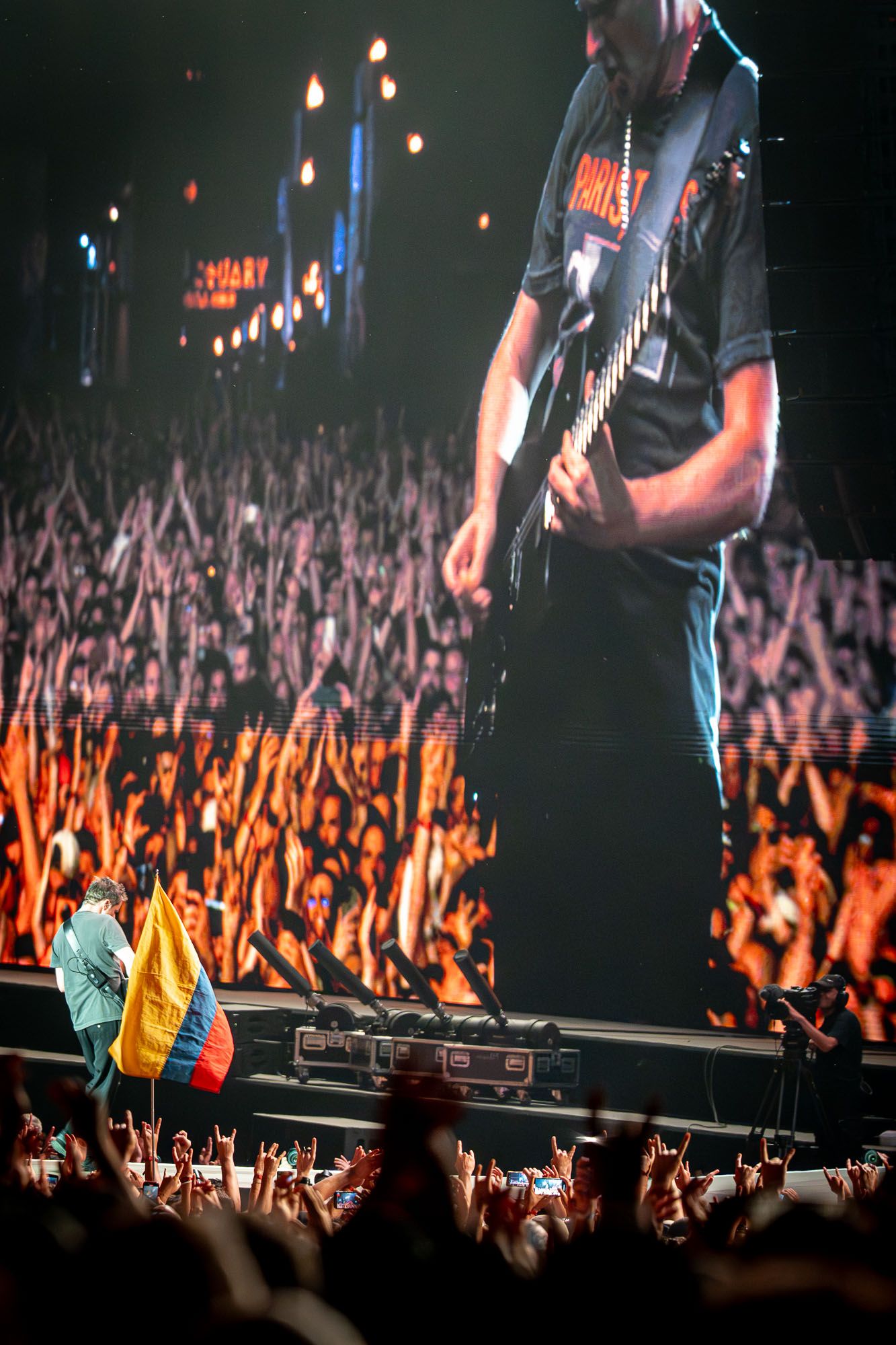 Écran géant montrant un guitariste en gros plan, foule et drapeau colombien au premier plan