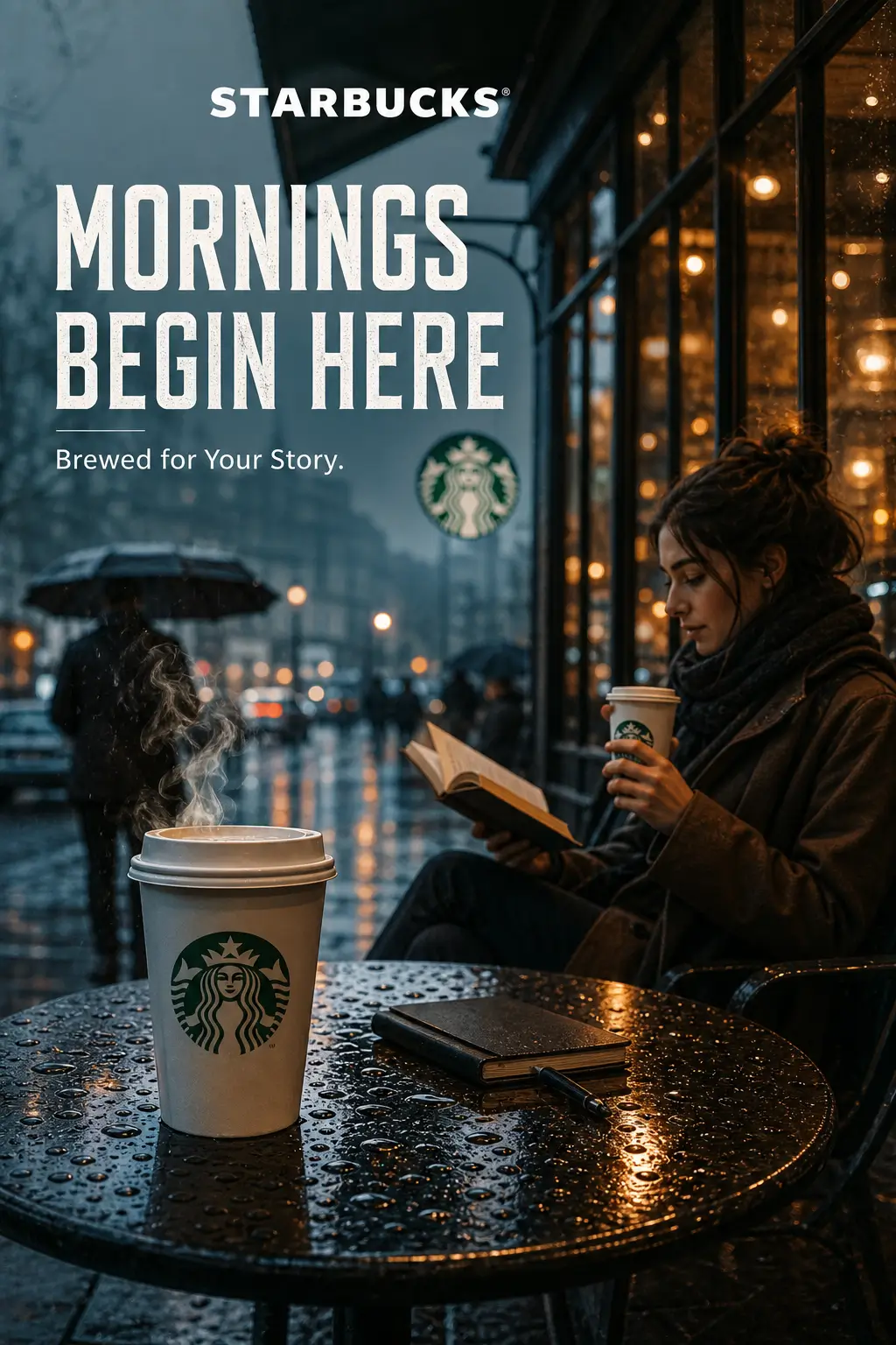 AI-generated Starbucks lifestyle poster of a cozy café scene with a warm drink by the window, expressing comfort and morning calm.