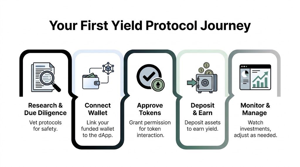 A flowchart infographic outlining the five steps to get started with decentralized finance yield protocols.