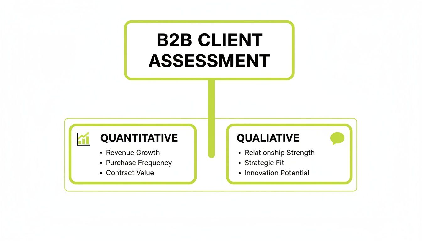 A diagram outlining B2B client assessment, separating quantitative and qualitative factors.