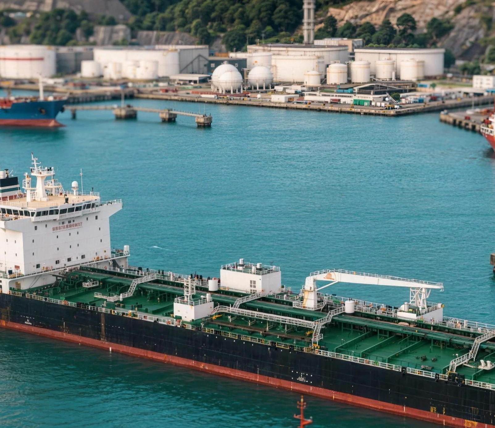 Tanker assisted by tugs off an oil terminal