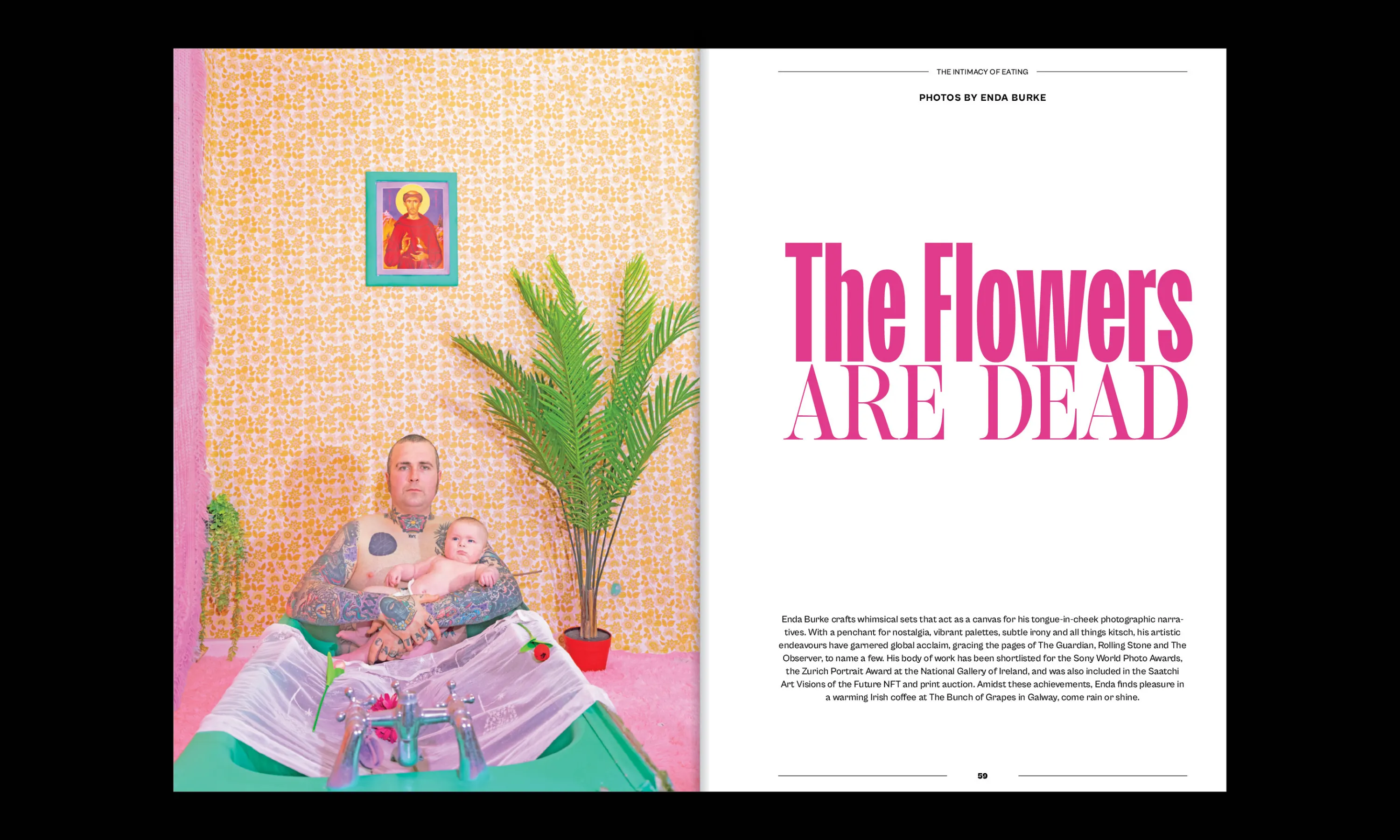 Double page spread with an image of a man and a baby in a bathtub, with brightly coloured background, with a title page with the text The flowers are dead