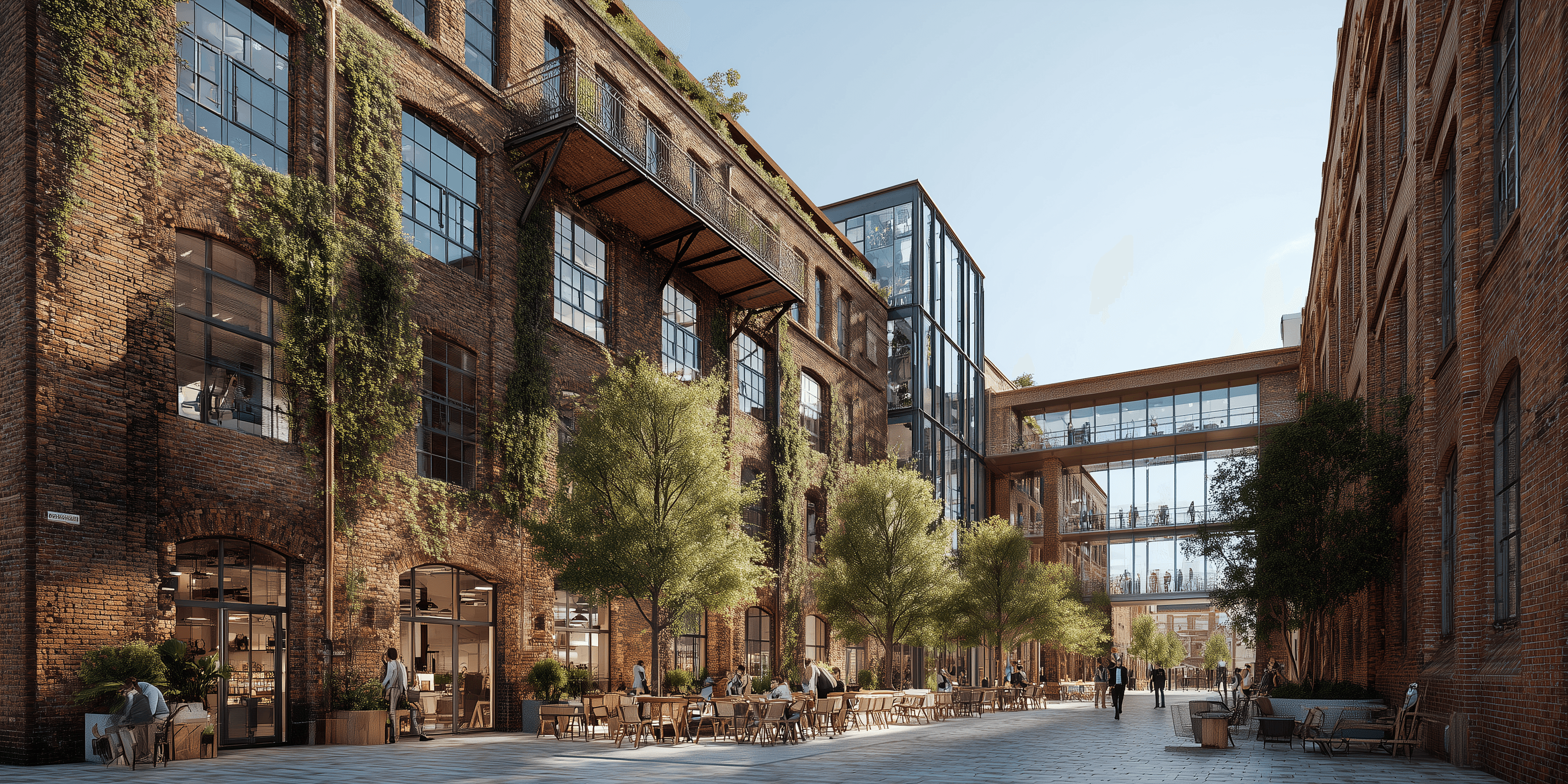 A sunny outdoor plaza with patrons seated at cafe tables alongside a historic brick building featuring ivy-covered walls.