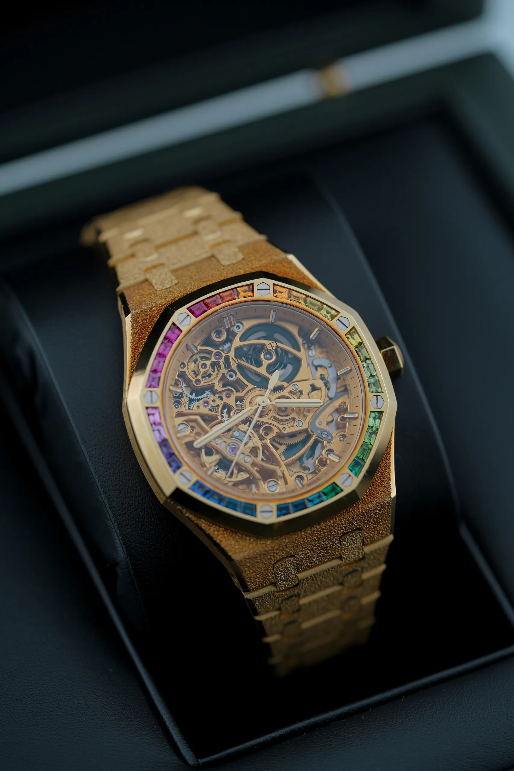 Audemars Piguet Royal Oak Frosted Yellow Gold Openworked 15468BA pictured with a watch box