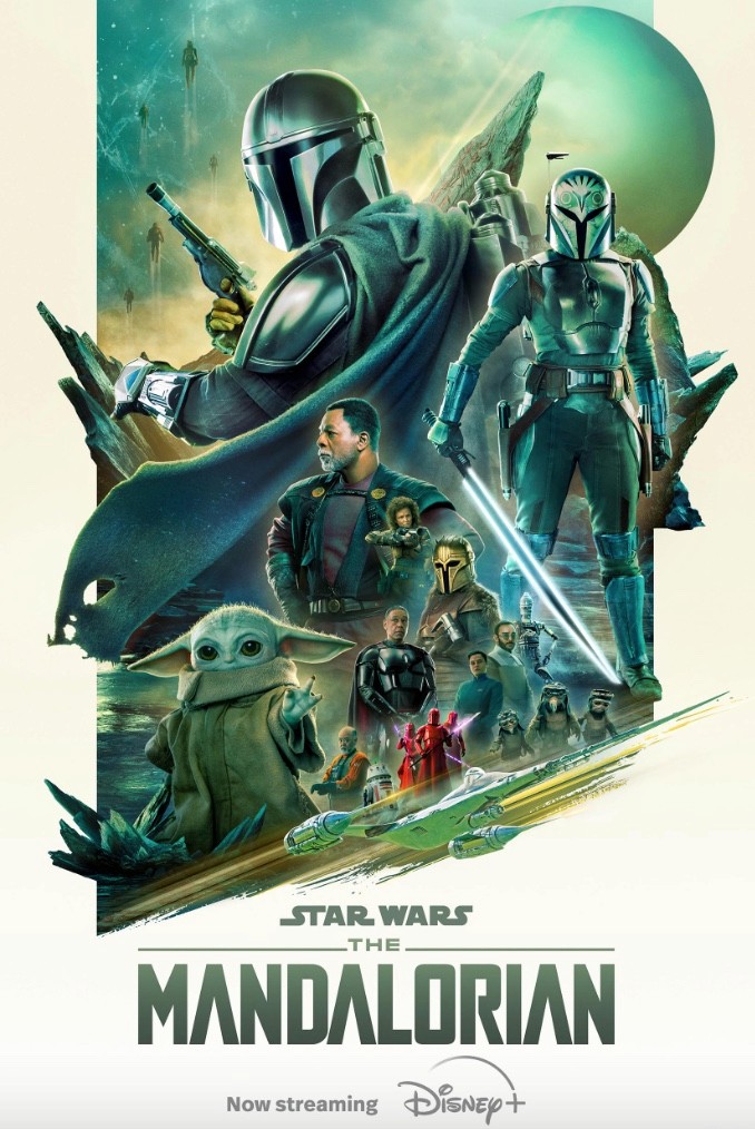 The Mandalorian poster featuring the Mandalorian, Grogu (Baby Yoda), Greef Karga, and Bo Katan with the Darksaber