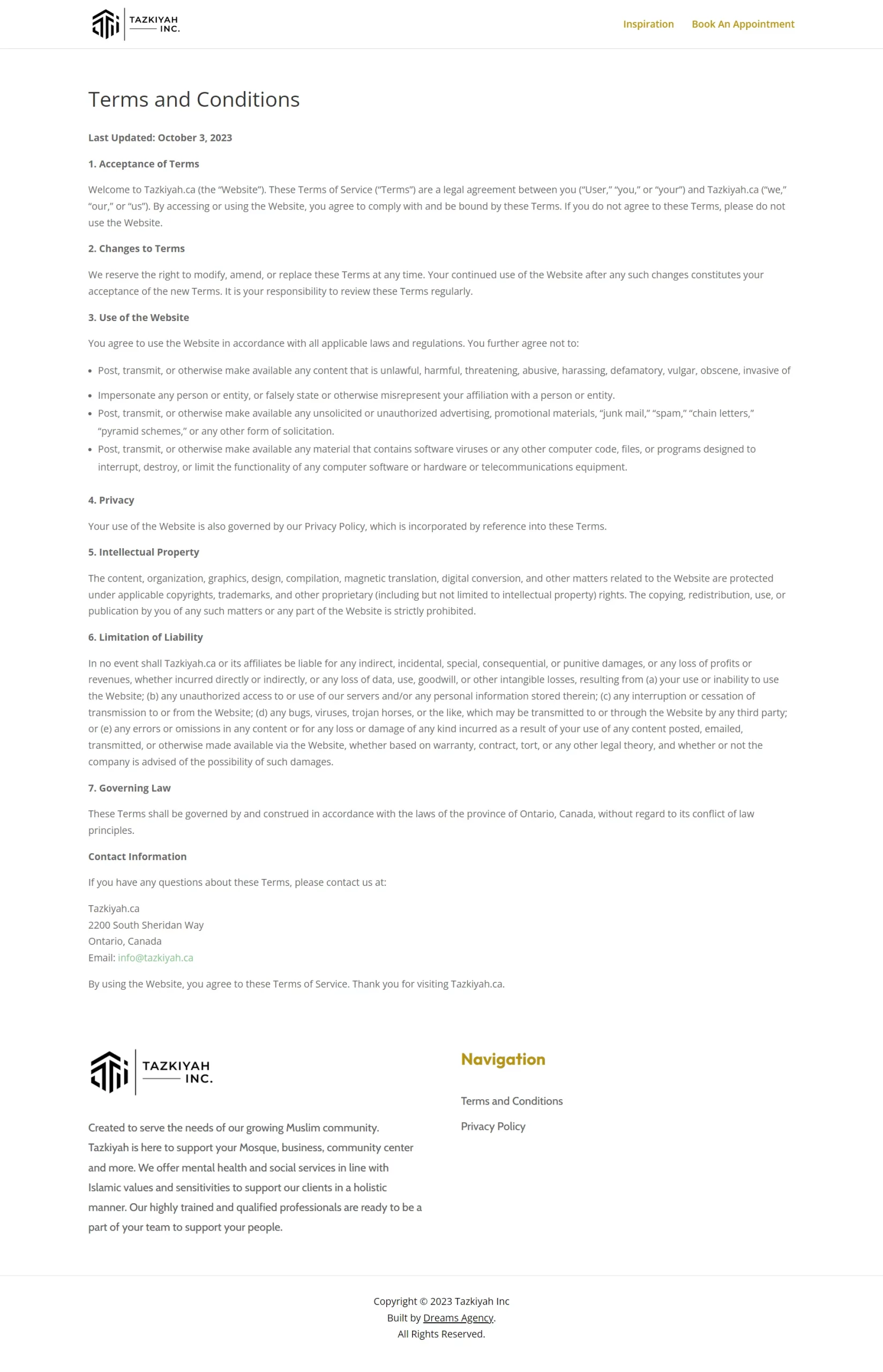 termscondition page for tazkiyah website developed & designed by Dreams Agency Mississauga, Ontario