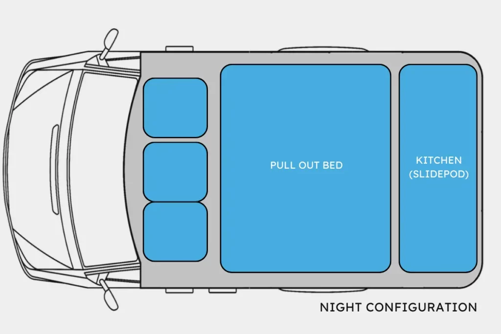 Night time configuration for VW transporter camper van layout with Kombi seats and rear kitchen