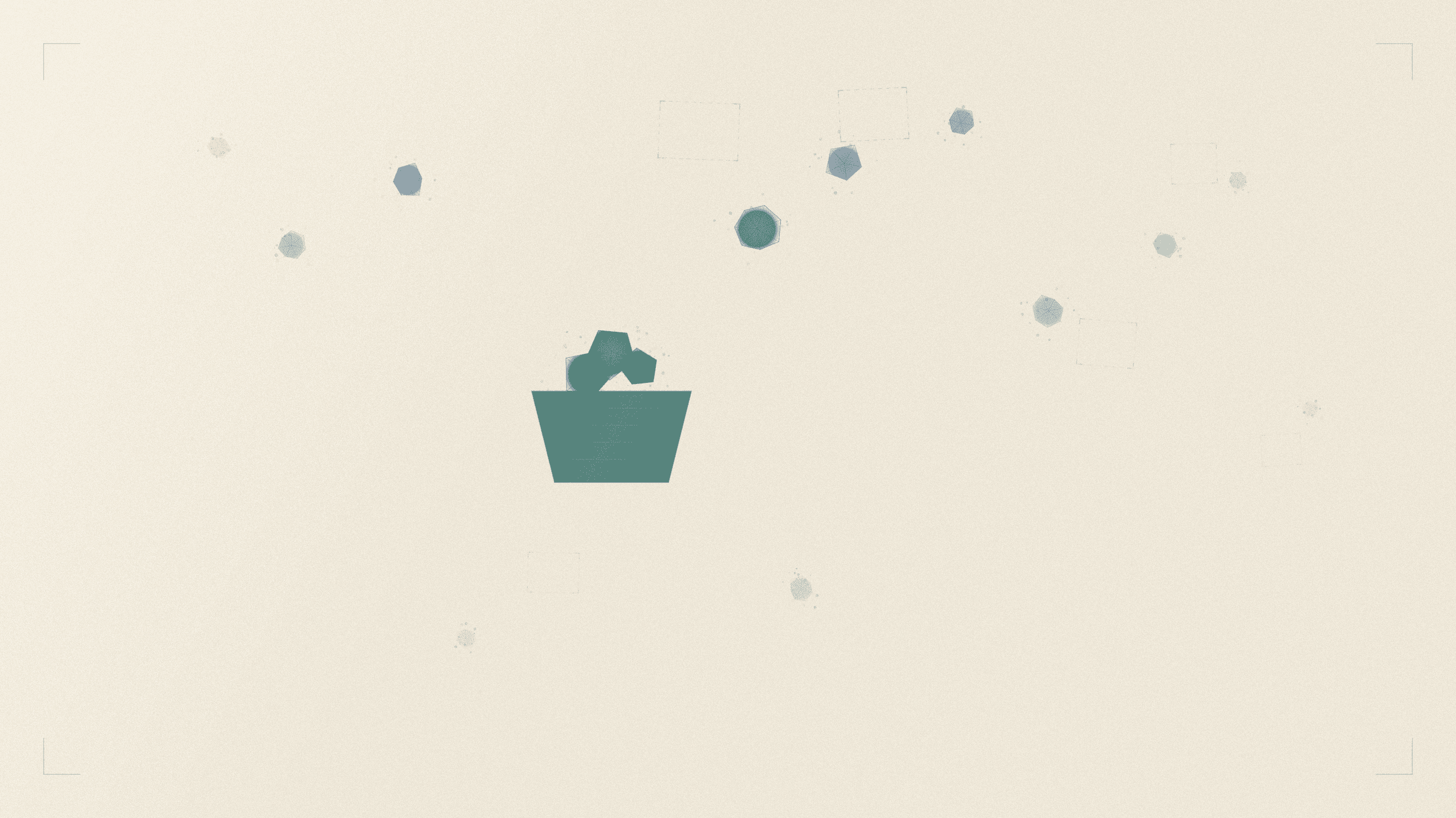 Abstract editorial inline graphic for a blog post about brand activation content strategy. A geometric vessel shape in deep emerald sits at center, its contents — jewel-toned faceted forms in sapphire and emerald — scattering outward and dissolving into a warm champagne field. Dashed capture frames appear around some escaping forms but most drift beyond their borders, illustrating content moments lost. Subtle film grain and corner crop marks.