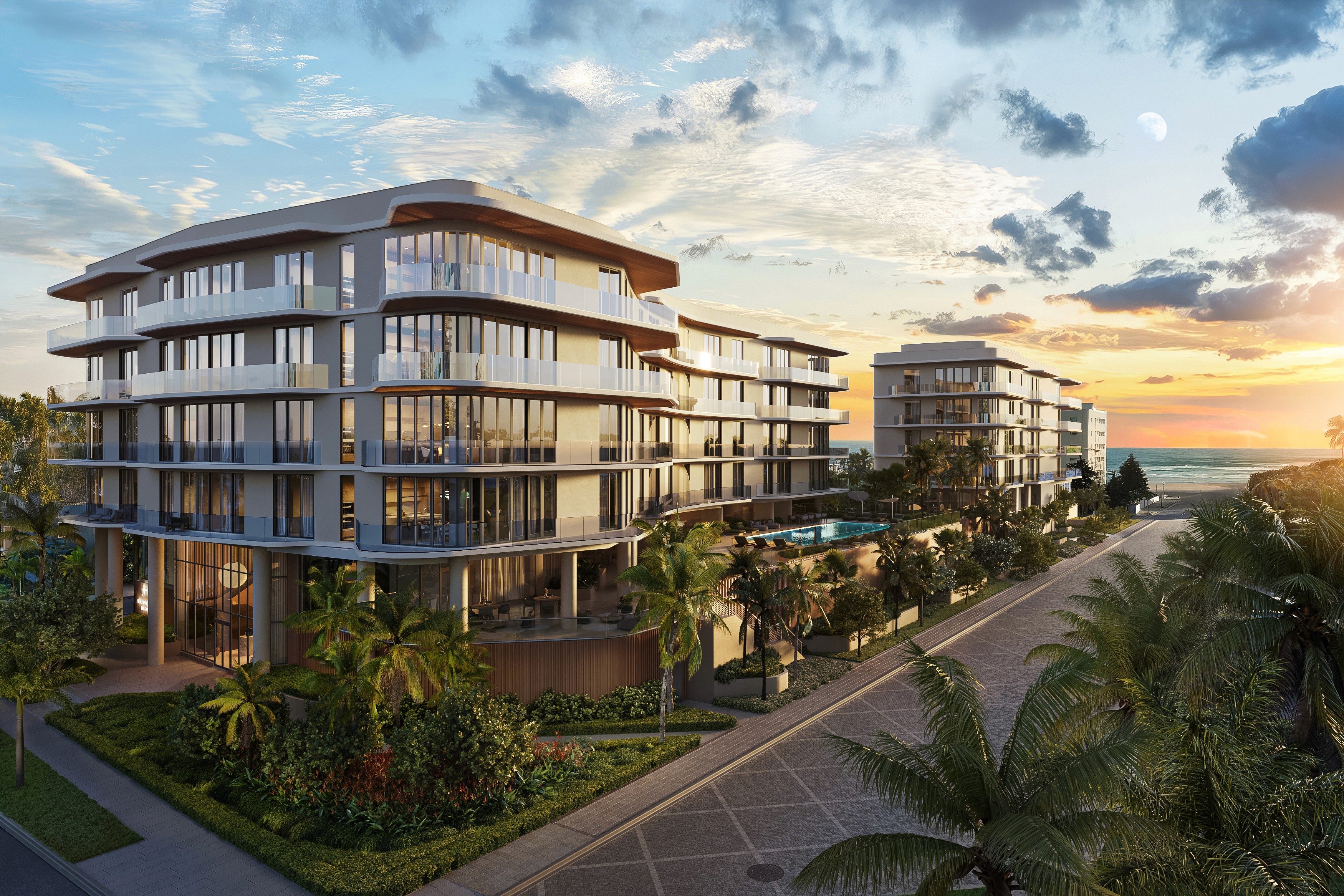 Hollywood Moon Waterfront Residences: Evening rendering of Hollywood Beach Condos with infinity pool deck, and ocean views.