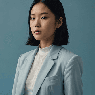 An Asian woman wearing a blue suit stands confidently, showcasing a professional appearance.