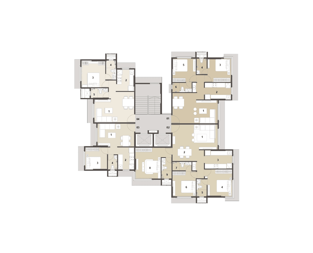 Typical floor plan showing two spacious apartment units and central lift lobby