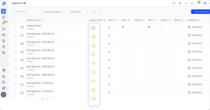 Saleshandy sequence list with a sequence score, step count and reply columns for each campaign