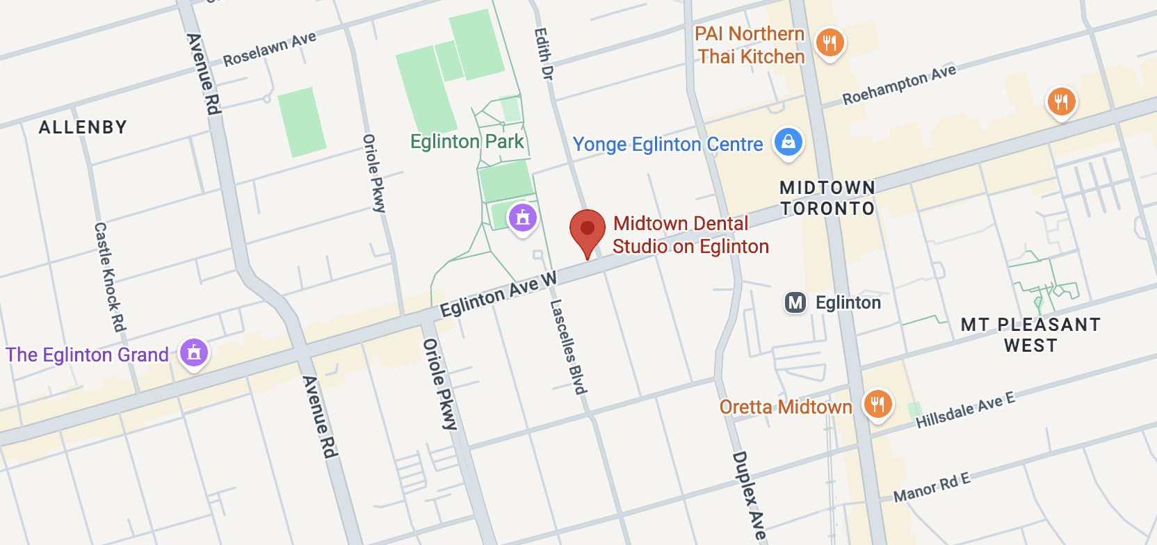 Google Map showing the location of at Midtown Dental Studio on Eglinton in Midtown Toronto, Ontario
